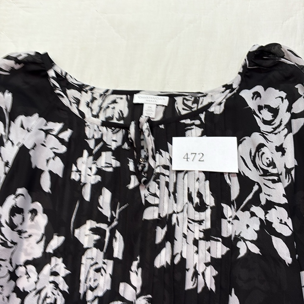 Charter Club Black White Floral Sheer Blouse Tie Neck Pintuck Plus Size 2X Tunic - Picture 10 of 10